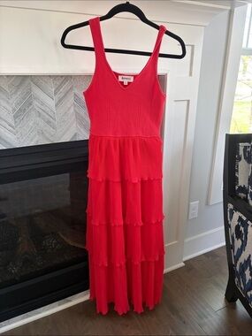 Social Threads | &merci Pleated Tiered Midi Dress in Red Orange S NWOT